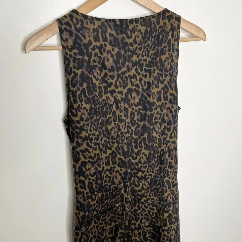 Banana Republic Womens Linen Blend Wide Leg Jumpsuit 6 Green Leopard Belted Tie
